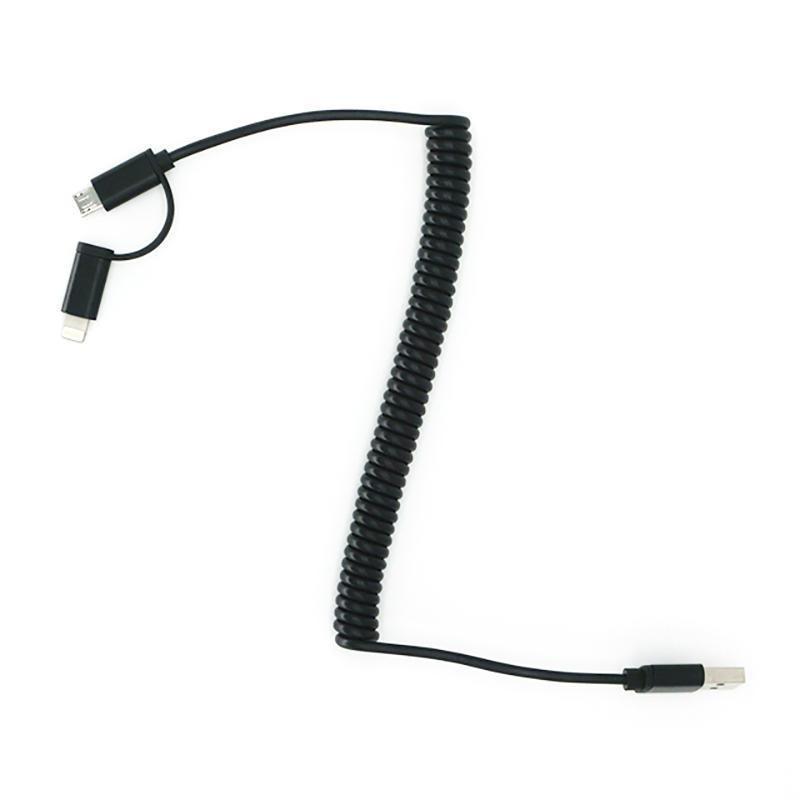 PU spring coiled 2 in 1 usb cable micro 8 pin charging sync data usb cable for iphone android SXD108