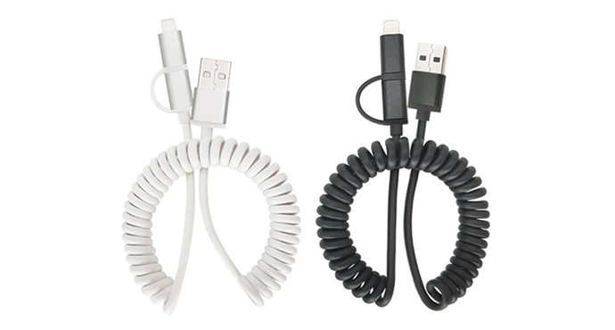 ShunXinda -Multi Device Charging Cable, Pu Spring Coiled 2 In 1 Usb Cable Micro 8