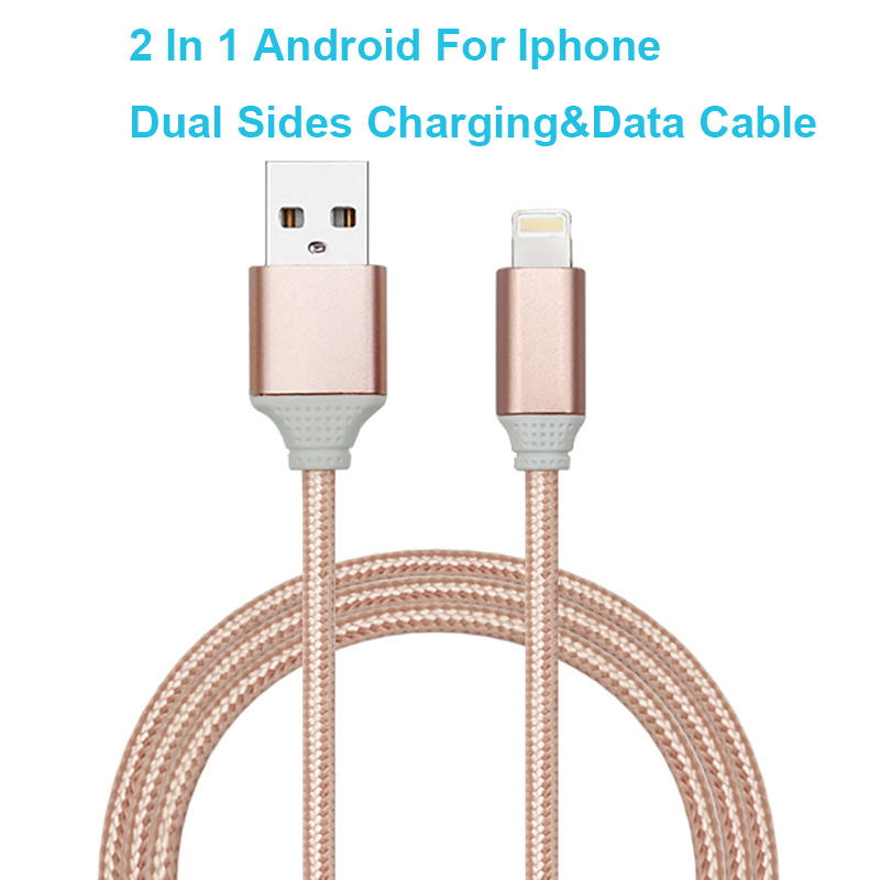 Fast Charging 2 in 1 Nylon Braided Dual Sided Charging Data Cord for Iphone Android